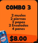 Combo 3: 2 muslos, 2 piernas, 2 papas, 2 ensaladas, 4 panes